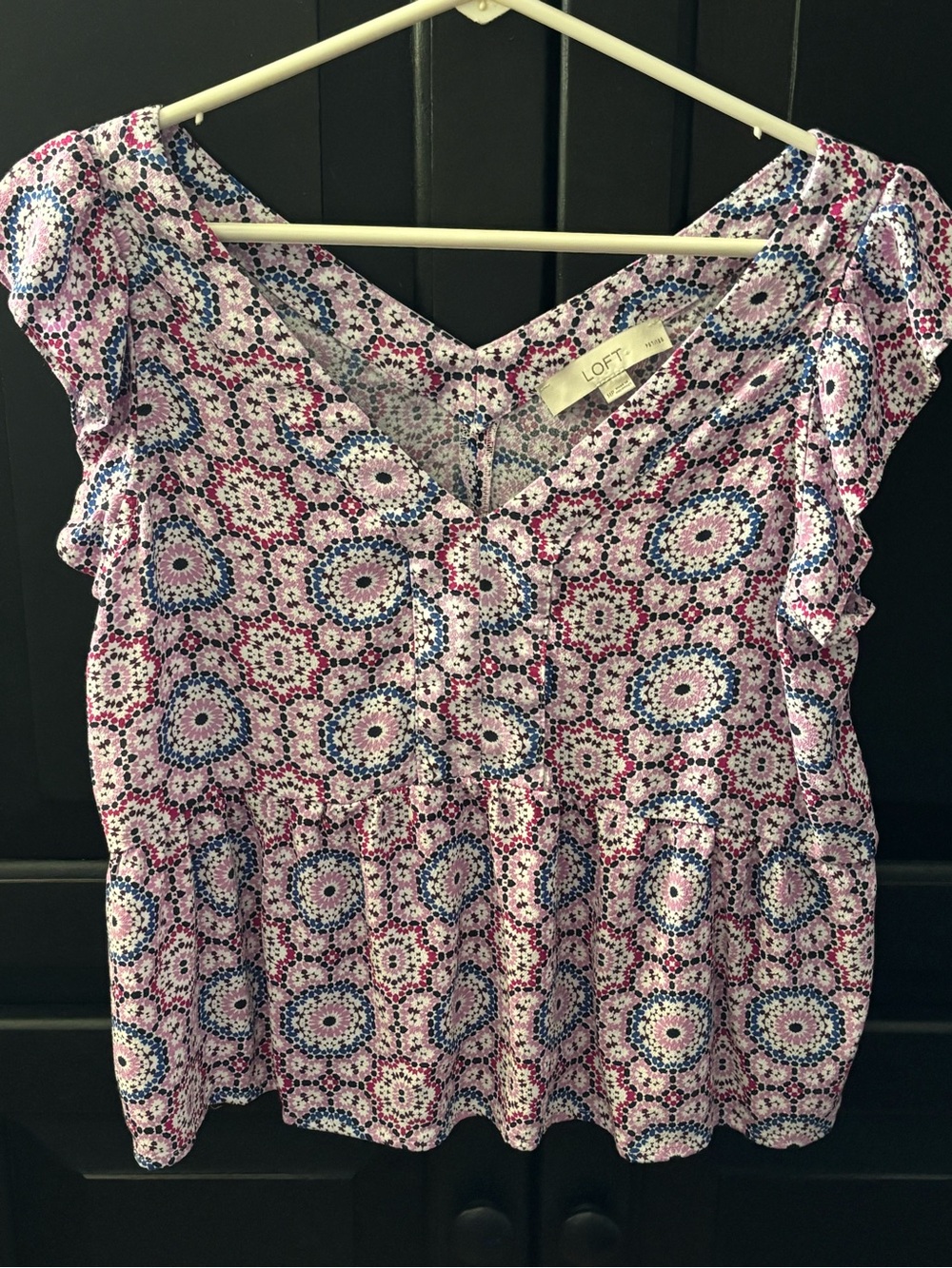 LOFT Pink and Blue Floral Medallion Ruffle Sleeve Peplum Top